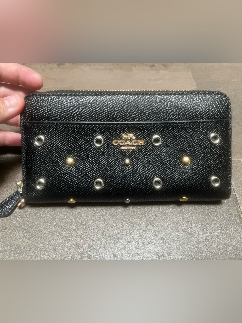 Coach Black Pebbled Leather Wallet with Grommet Detailing
